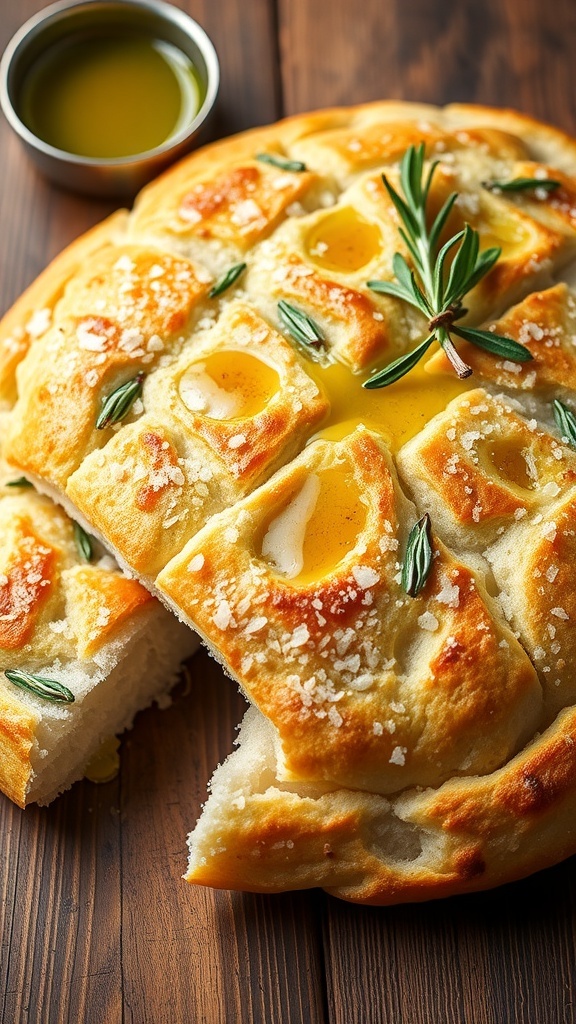 Focaccia Bread with Starter Recipe Golden brown focaccia bread topped with rosemary and sea salt, cut into squares on a wooden table.